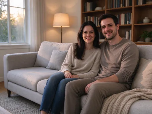 A young couple sitting together on a light grey sofa in a cozy living room, the left end of the sofa empty