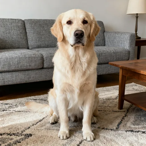 A cream golden retriever sitting on a living-room rug