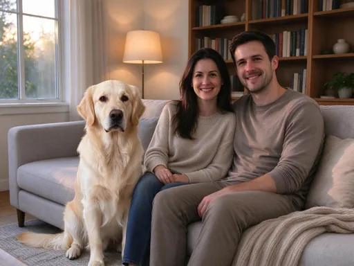 The same couple on the sofa with the golden retriever now sitting beside them at the left end