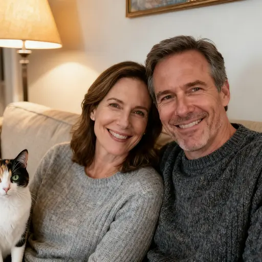 AI edit: a calico cat added on the sofa beside a smiling couple