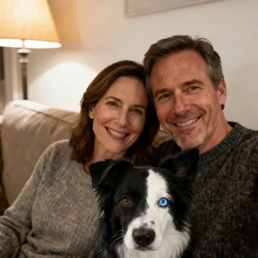 A dog added to a family photo on a sofa (AI-generated people)