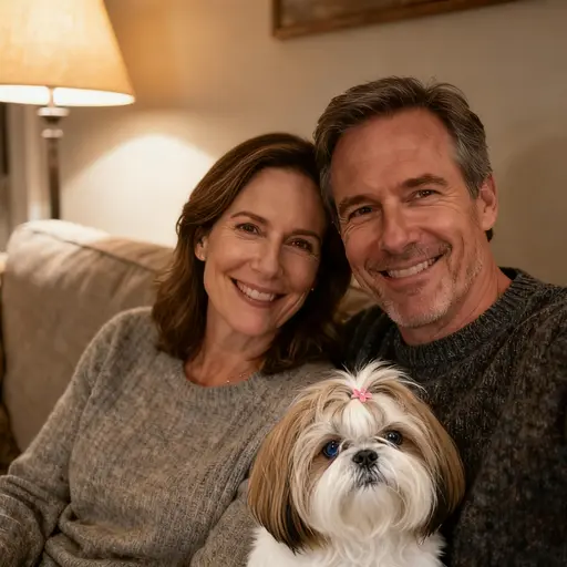 AI edit: a Shih Tzu with a pink hair clip added in front of a couple on a sofa