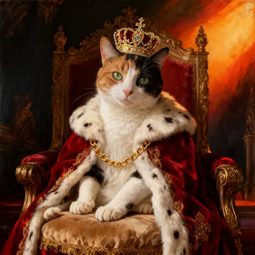 Royal portrait of the same calico cat