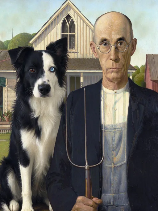 A pet painted into American Gothic