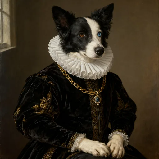 Border Collie painted as a Renaissance noble from one photo