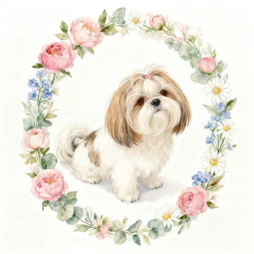 Shih Tzu floral memorial portrait in a watercolor wreath