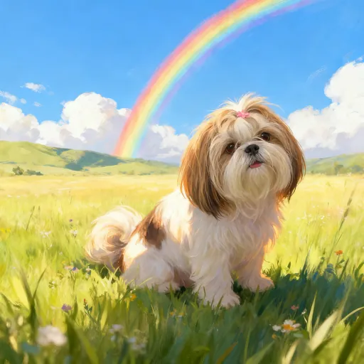 Shih Tzu rainbow bridge memorial portrait in a sunny meadow