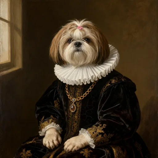 Shih Tzu with a pink hair clip painted as a Renaissance noble in a velvet doublet and white ruff collar