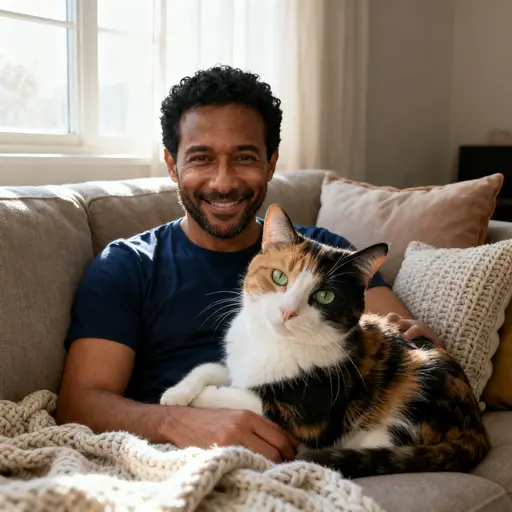 A man and his cat in a new photo together (AI-generated person)