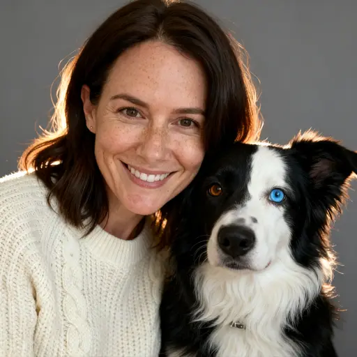 A woman with her Border Collie in a portrait studio (AI-generated person)