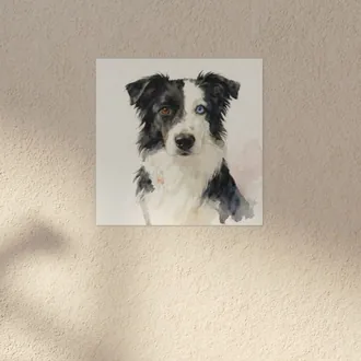 Square canvas print of a watercolor dog portrait on a warm beige textured wall