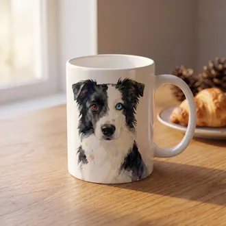White ceramic mug with a watercolor dog portrait on a breakfast table by a sunny window